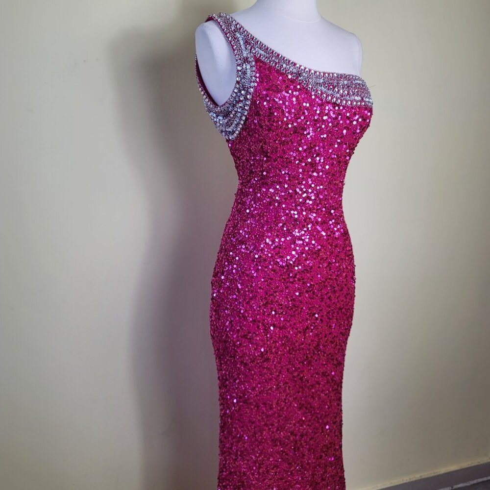 Scala Vintage Hot Pink 100% Silk Crystal Sequin Open Back Women's Gown | Size 4 - Picture 2 of 13